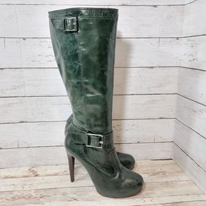 LAMB green leather knee high stiletto boots